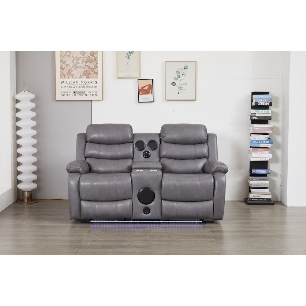 Faux Leather Manual Reclining Loveseat with LED Lights and console. Picture 1