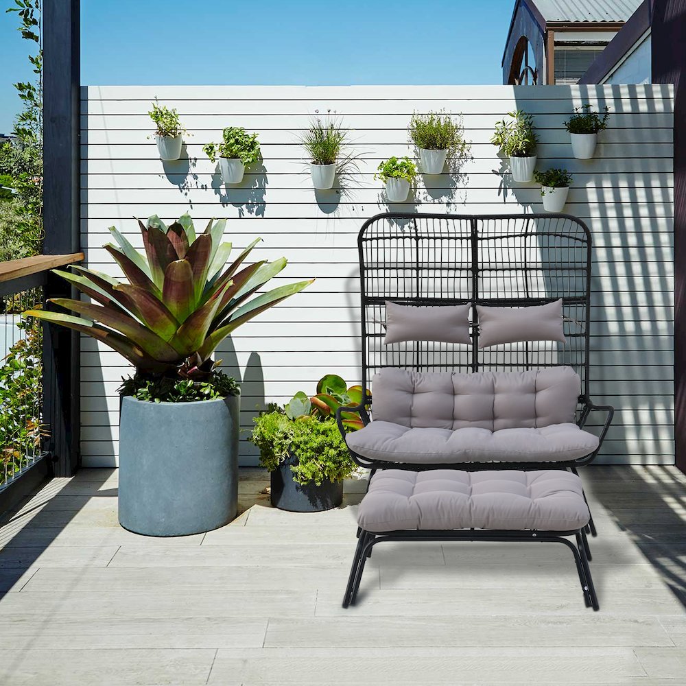 Outdoor Wicker Loveseat with Cushions & Ottoman - Patio Conversation Set for 2. Picture 1