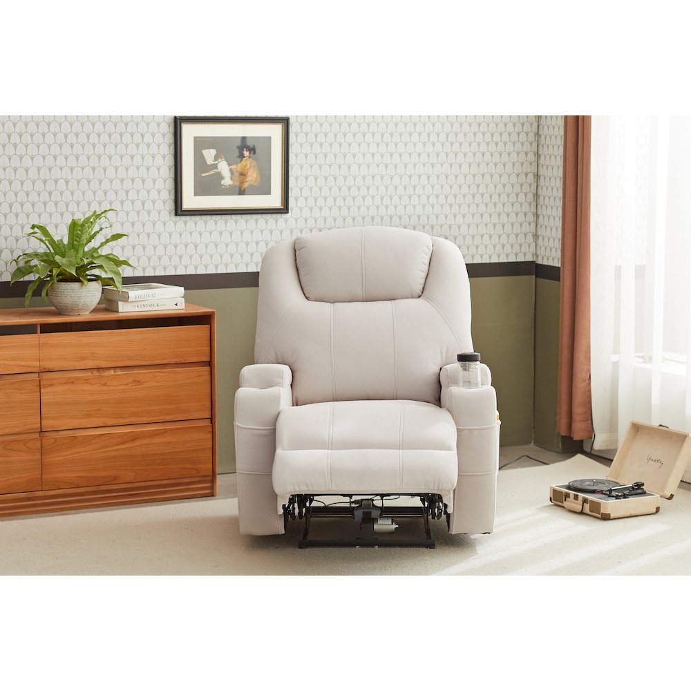 Kingway Arbore Fabric Power Recliner with USB and Cup Holders in Beige. Picture 2