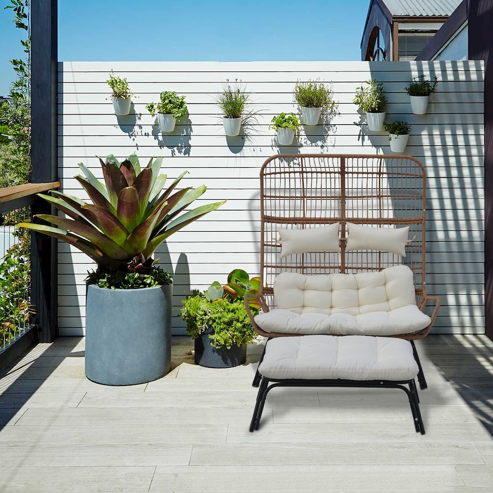 Outdoor Wicker Loveseat with Cushions & Ottoman - Patio Conversation Set for 2. Picture 2