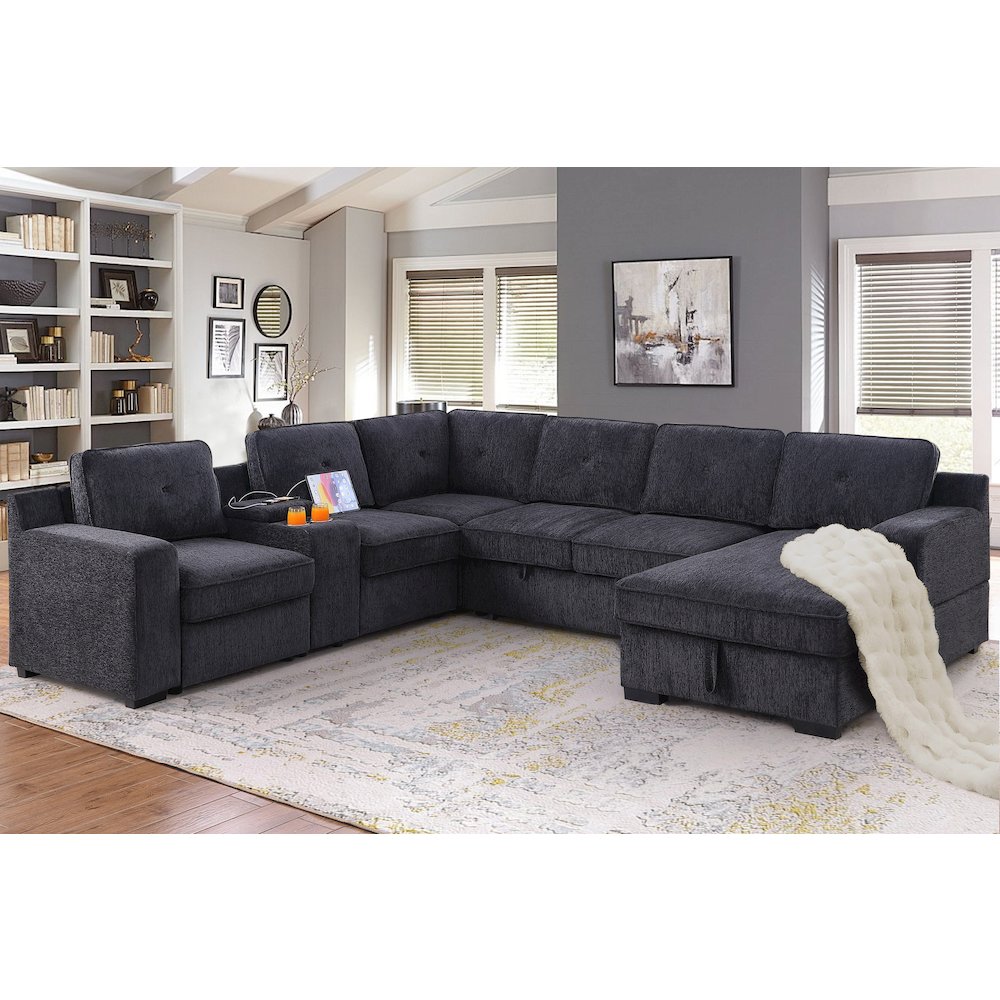 U-Shaped Upholstered Sectional with Sleeper Sofa, Console with USB & Chaise. Picture 2