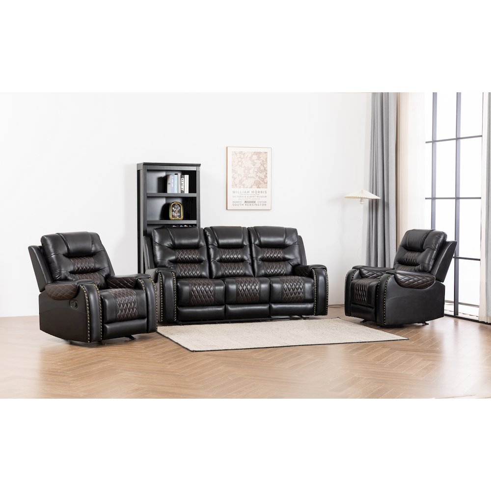 Ilyiano Two Tone Faux Leather Three-PC Livingroom Reclining Set In Black. Picture 1
