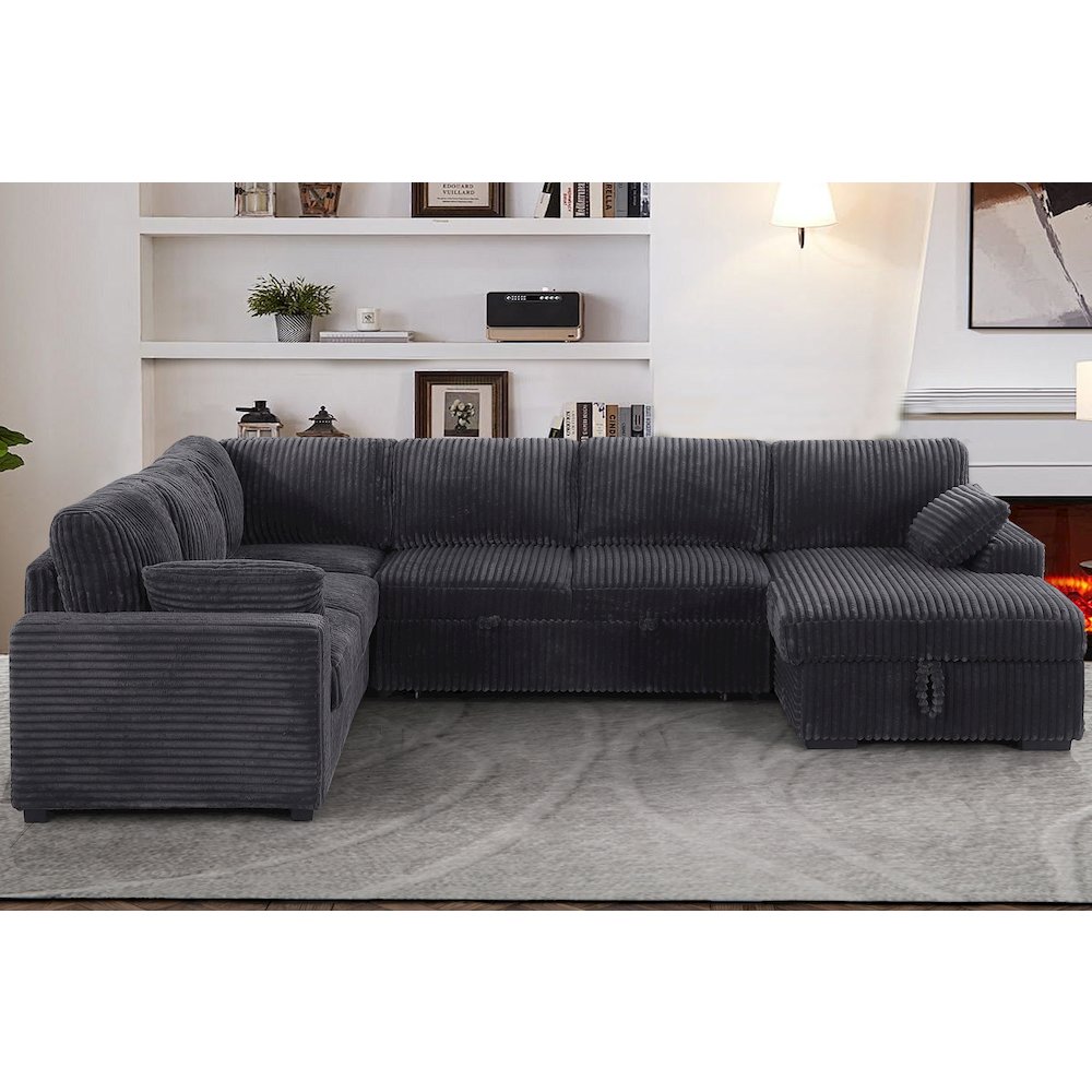 Oversized Upholstered Corduroy Sleeper Sectional Sofa With Storage Chaise. Picture 7