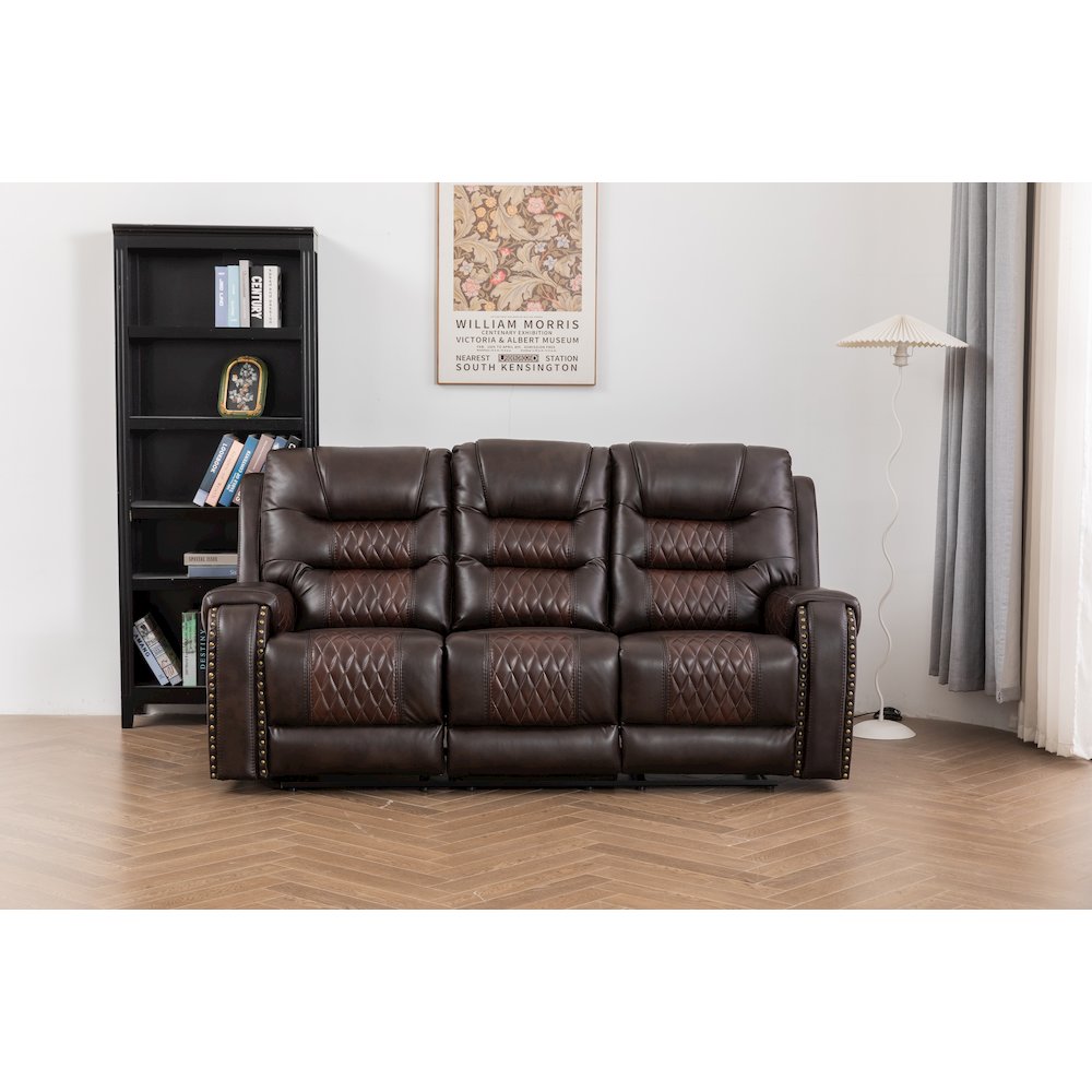 Ilyiano Two Tone Faux Leather Livingroom Reclining Sofa In Brown. Picture 1