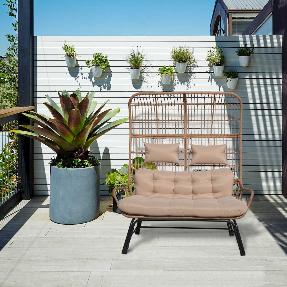 Outdoor Wicker Loveseat with Cushions & Ottoman - Patio Conversation Set for 2. Picture 4