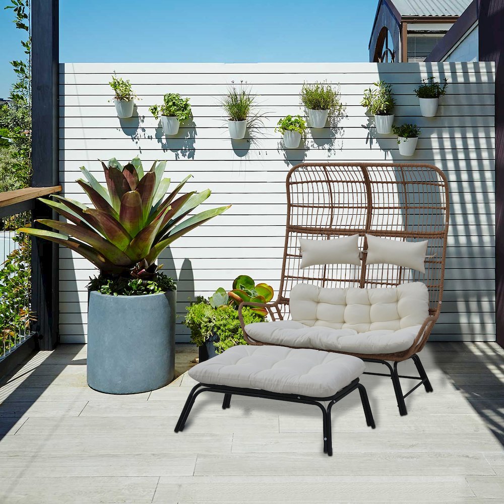 Outdoor Wicker Loveseat with Cushions & Ottoman - Patio Conversation Set for 2. Picture 1