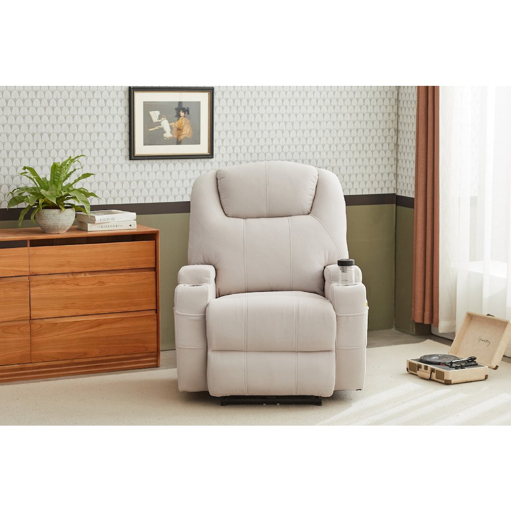 Kingway Arbore Fabric Power Recliner with USB and Cup Holders in Beige. Picture 1