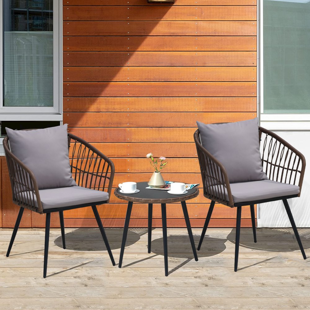 3-Piece Outdoor Patio Bistro Set – Boho Wicker Chairs with Glass-Top Table. Picture 2