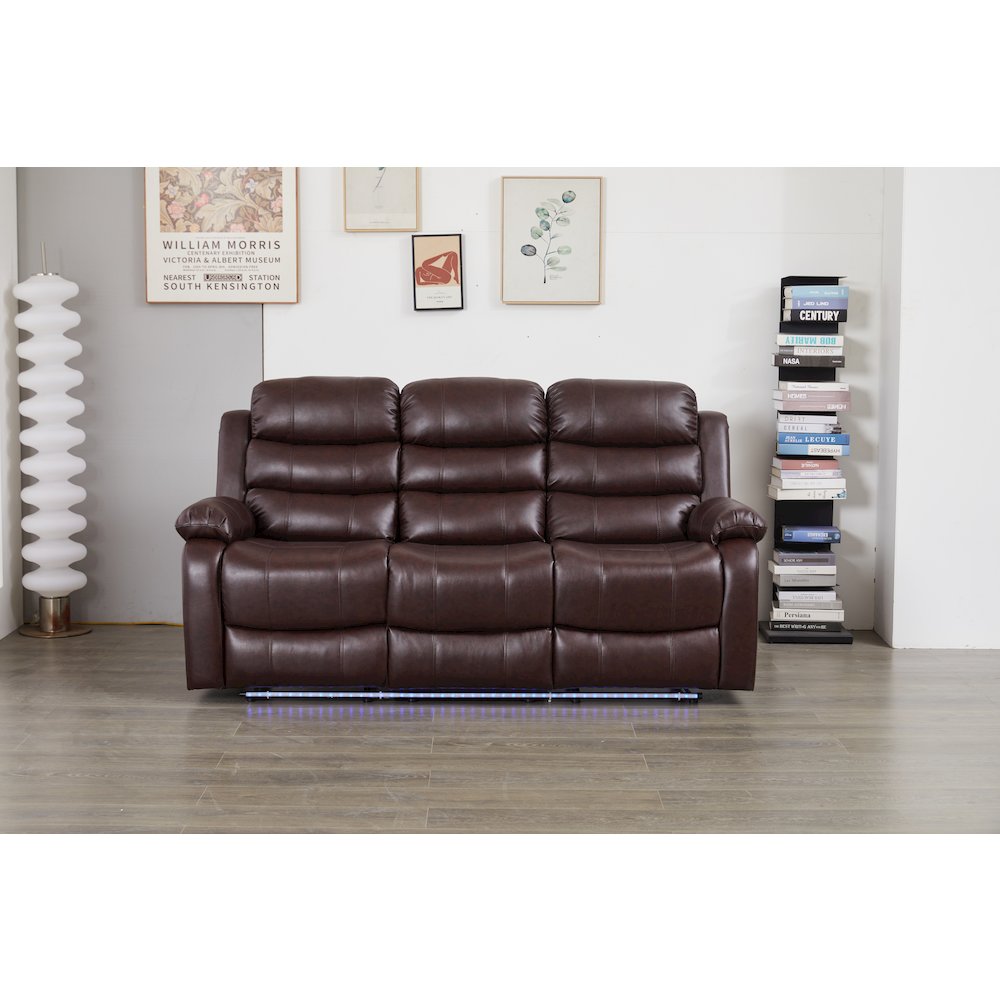 Faux Leather Manual Reclining Sofa with LED Lights With Drop Down Table. Picture 1