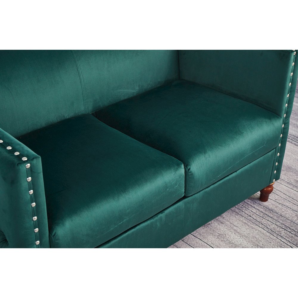 Kingway Furniture Avin Velvet Nail Head Livingroom Loveseat in Green. Picture 4