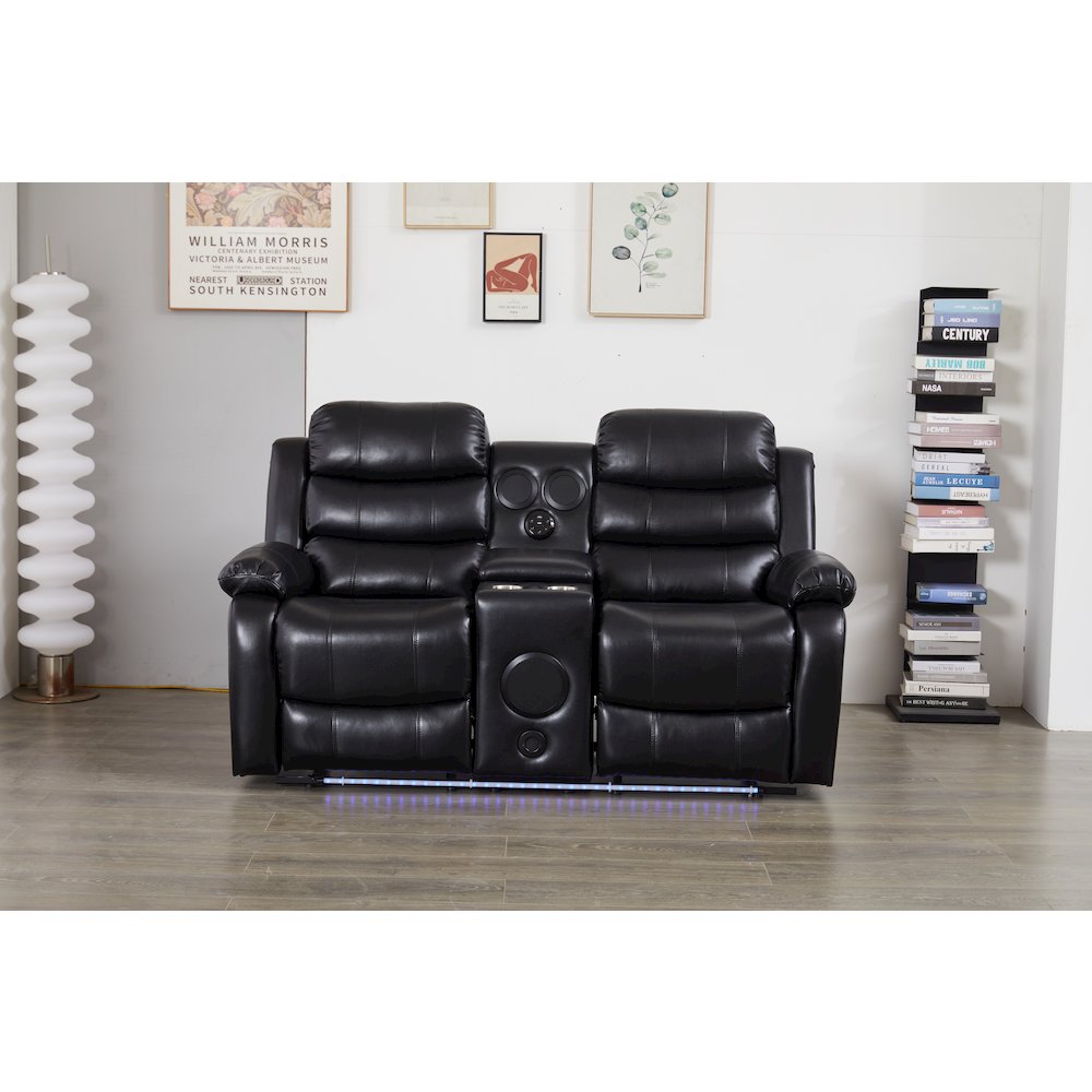 Faux Leather Manual Reclining Loveseat with LED Lights and Console. Picture 2