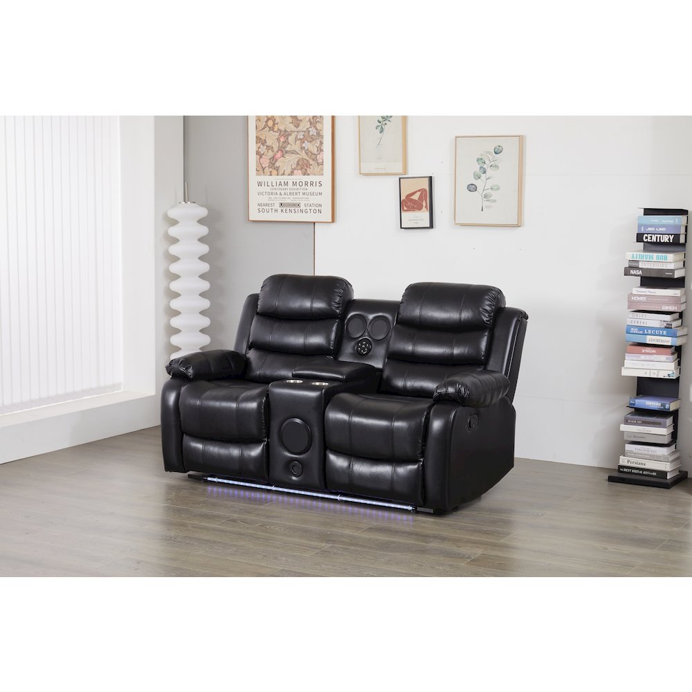 Faux Leather Manual Reclining Loveseat with LED Lights and Console. Picture 1