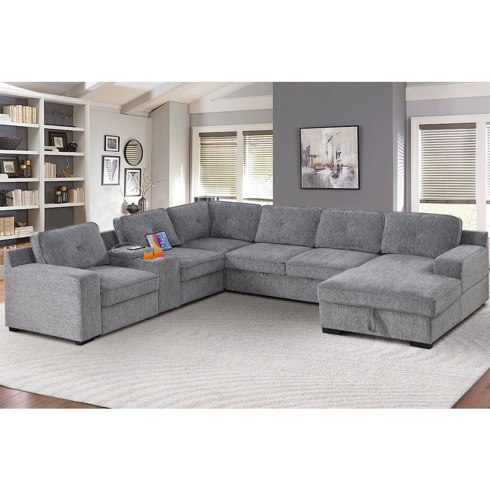 U-Shaped Upholstered Sectional with Sleeper Sofa, Console with USB & Chaise. Picture 2