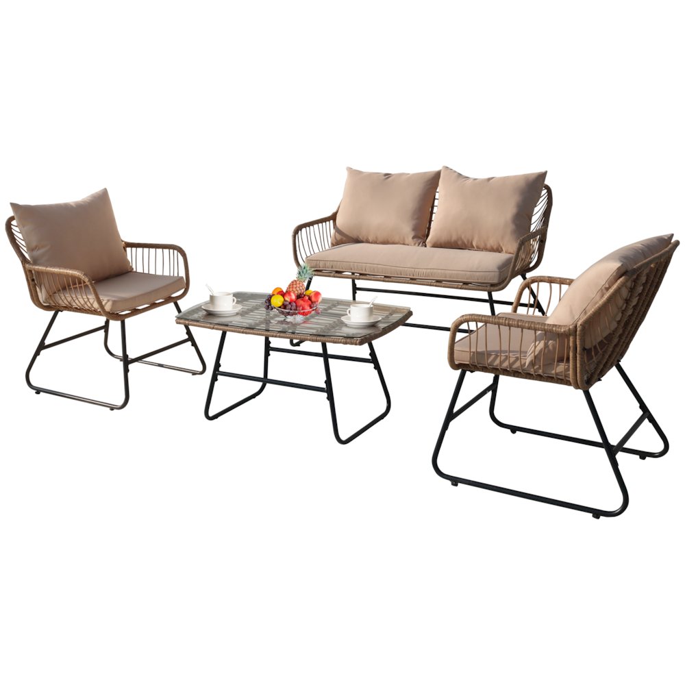 4-Piece Wicker Patio Conversation Set with Cushions - Outdoor Seating for 4. Picture 1