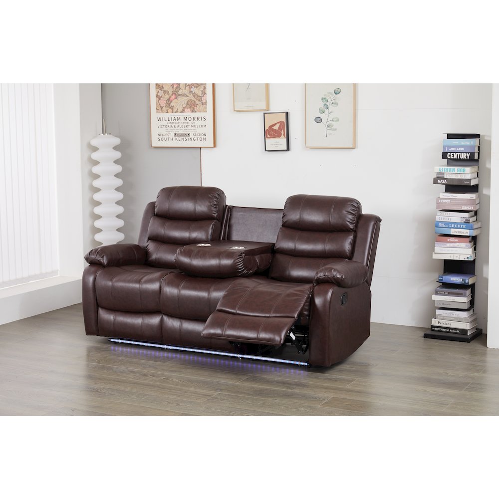 Faux Leather Manual Reclining Sofa with LED Lights With Drop Down Table. Picture 3