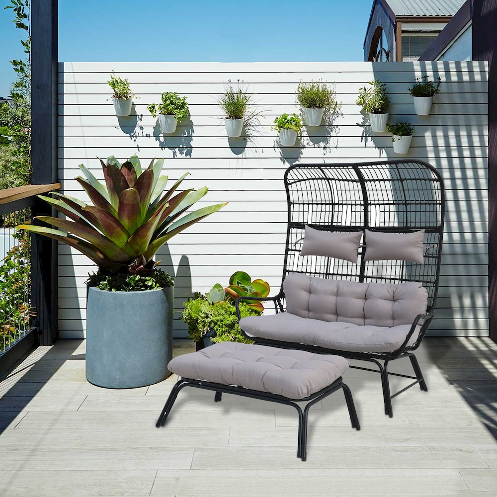 Outdoor Wicker Loveseat with Cushions & Ottoman - Patio Conversation Set for 2. Picture 2