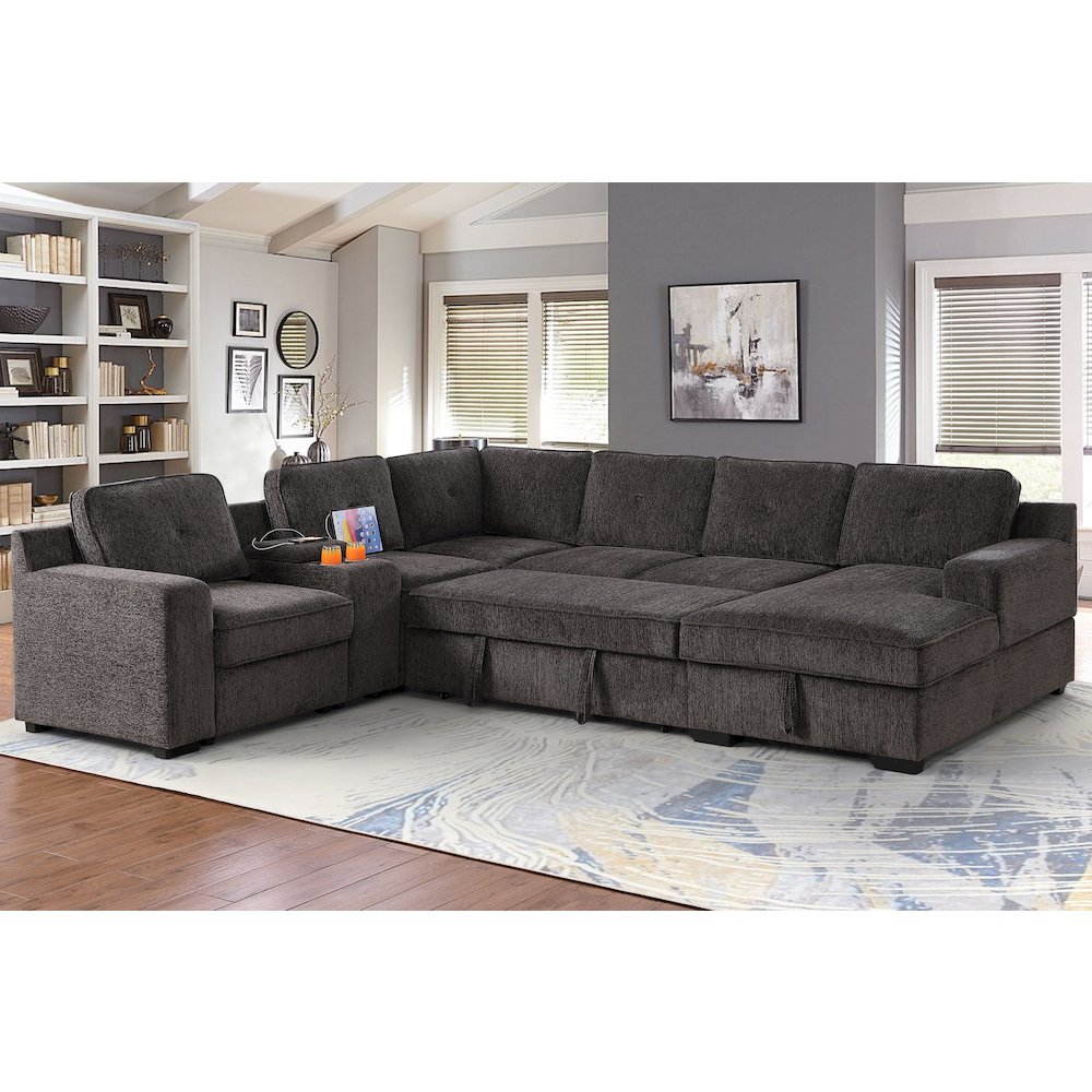 U-Shaped Upholstered Sectional with Sleeper Sofa, Console with USB & Chaise. Picture 3