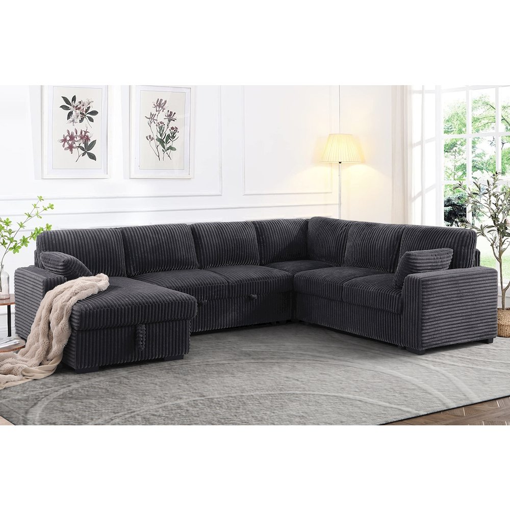 Oversized Upholstered Corduroy Sleeper Sectional Sofa With Storage Chaise. Picture 2