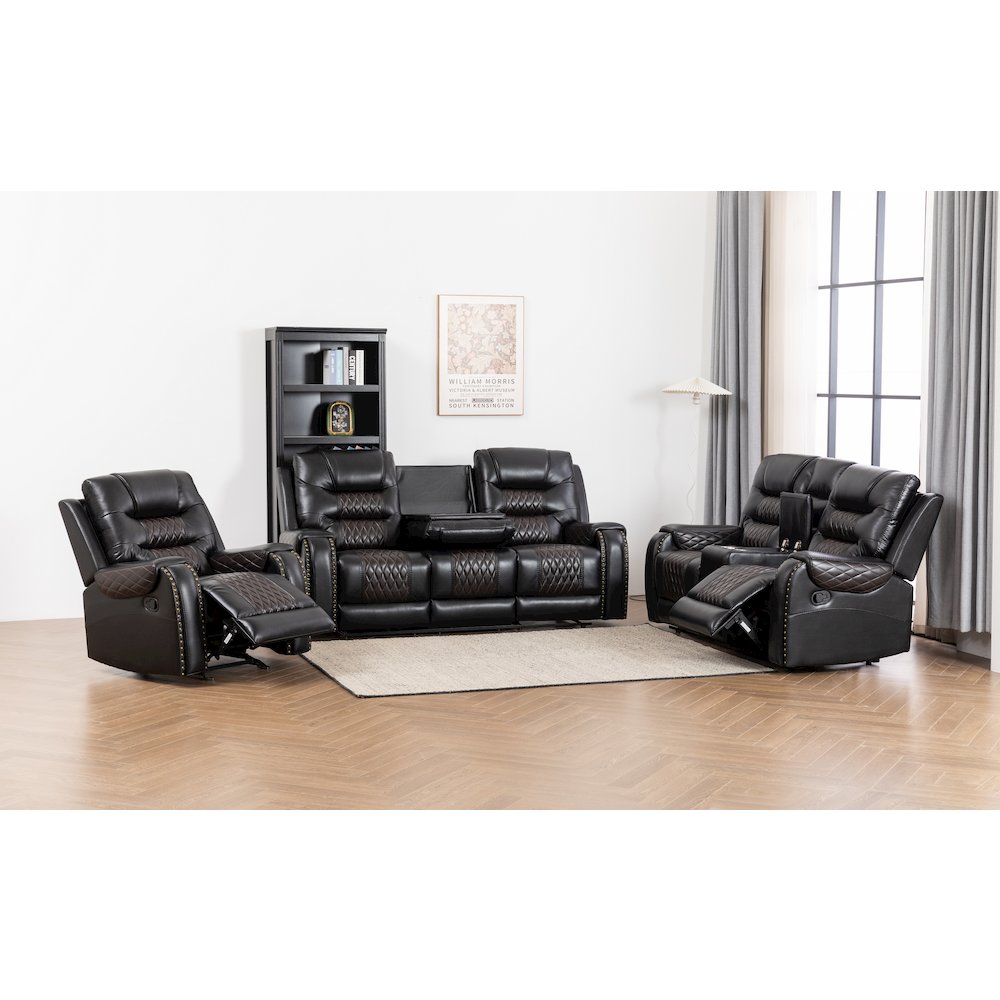 Ilyiano Two Tone Faux Leather 3-PC Livingroom Reclining Set In Black. Picture 1