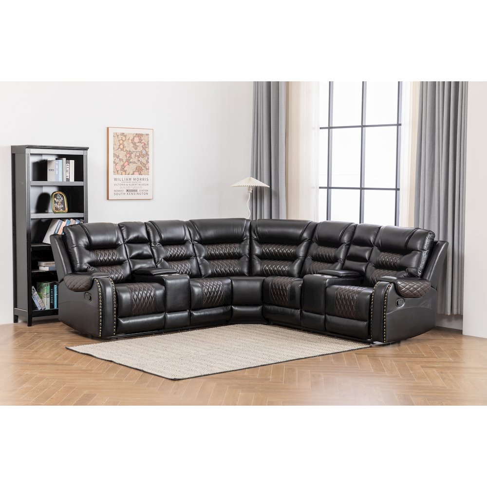 Ilia Two Tone Faux Leather Power Reclining Sectional with Console  & Cup Holder. Picture 2