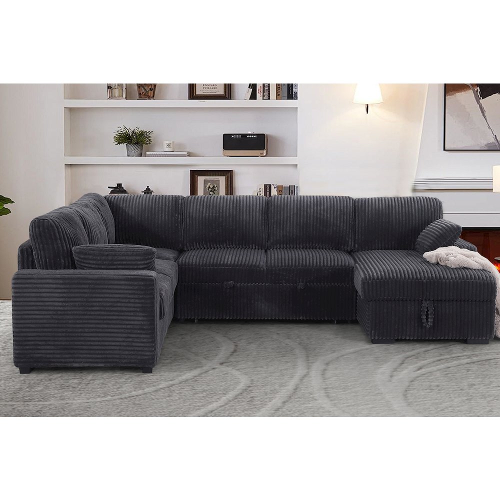 Oversized Upholstered Corduroy Sleeper Sectional Sofa With Storage Chaise. Picture 5
