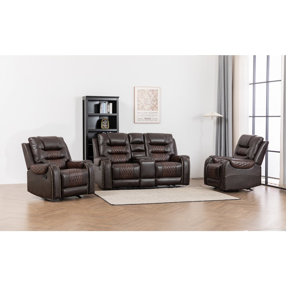 Ilyiano Two Tone Faux Leather 3-Piece Livingroom Reclining Set In Brown. Picture 1