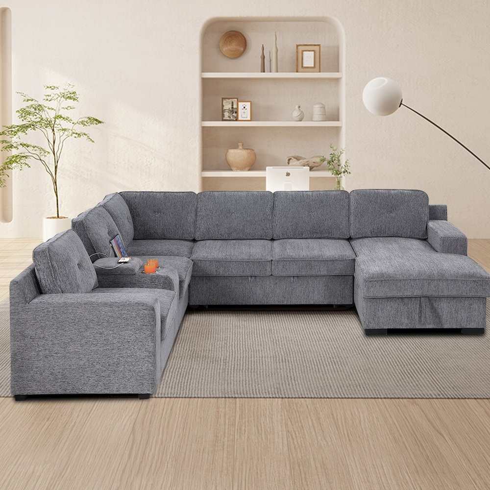U-Shaped Upholstered Sectional with Sleeper Sofa, Console with USB & Chaise. Picture 1