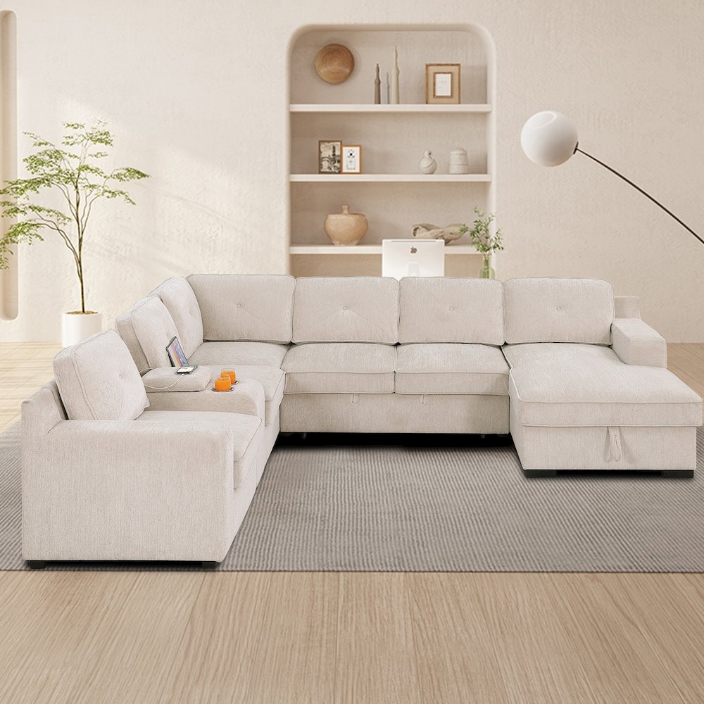 U-Shaped Upholstered Sectional with Sleeper Sofa, Console with USB & Chaise. Picture 1