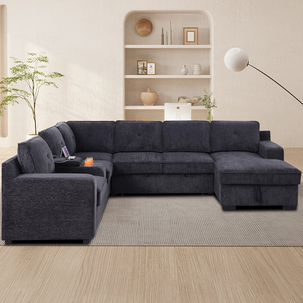 U-Shaped Upholstered Sectional with Sleeper Sofa, Console with USB & Chaise. Picture 1