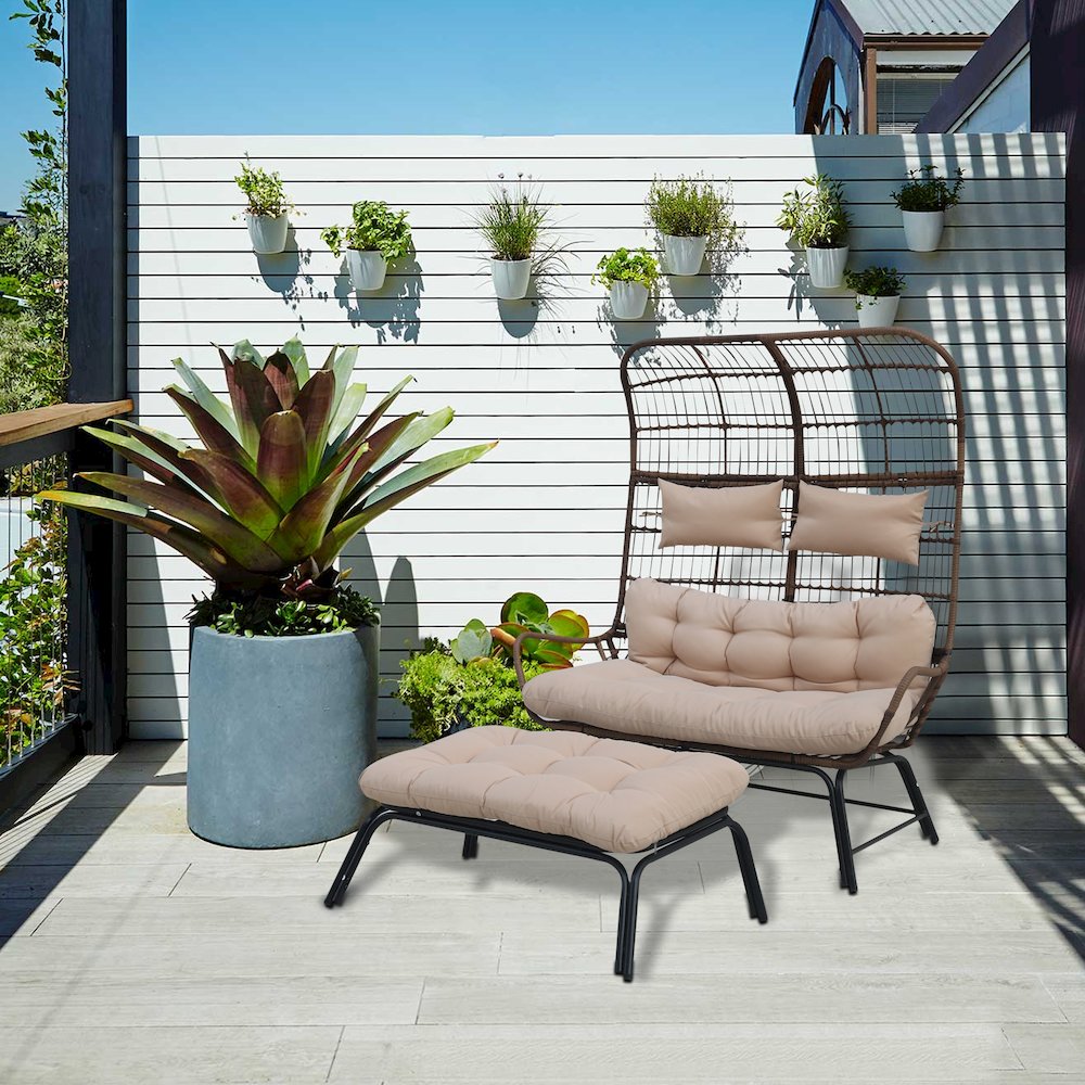 Outdoor Wicker Loveseat with Cushions & Ottoman - Patio Conversation Set for 2. Picture 1