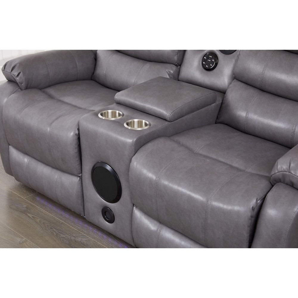 Faux Leather Manual Reclining Loveseat with LED Lights and console. Picture 2