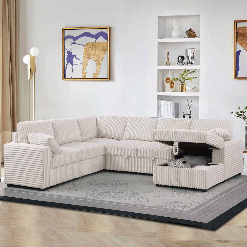 Oversized Upholstered Corduroy Sleeper Sectional Sofa With Storage Chaise. Picture 4