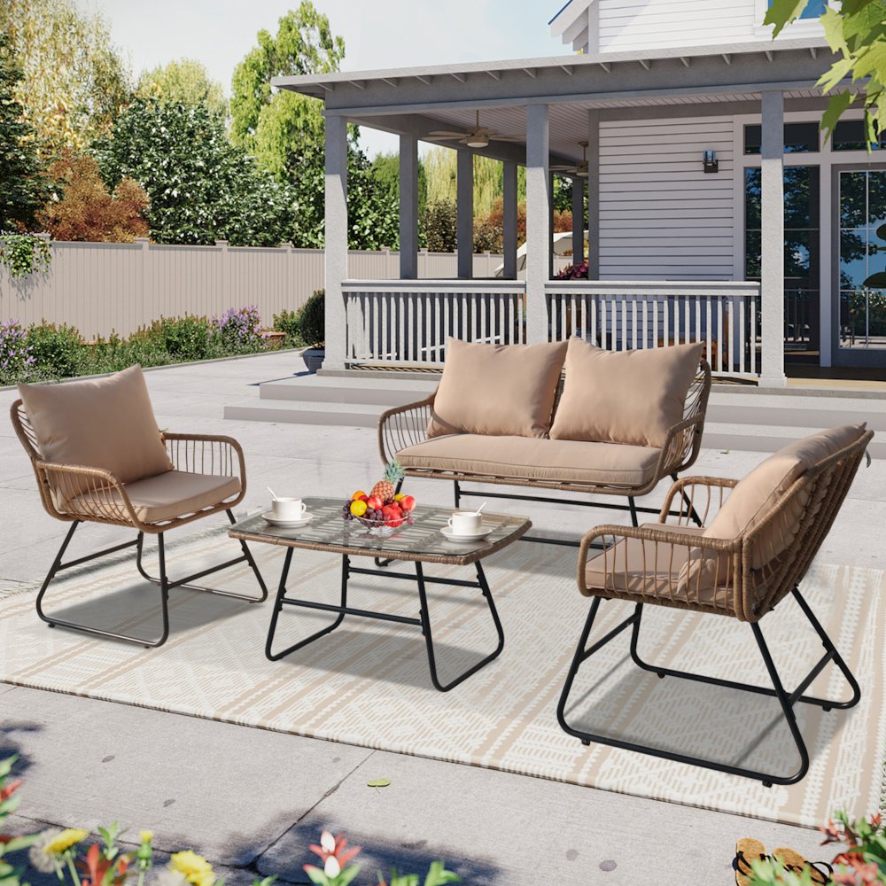 4-Piece Wicker Patio Conversation Set with Cushions - Outdoor Seating for 4. Picture 6