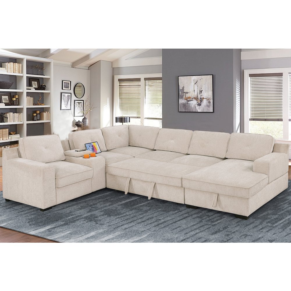 U-Shaped Upholstered Sectional with Sleeper Sofa, Console with USB & Chaise. Picture 3