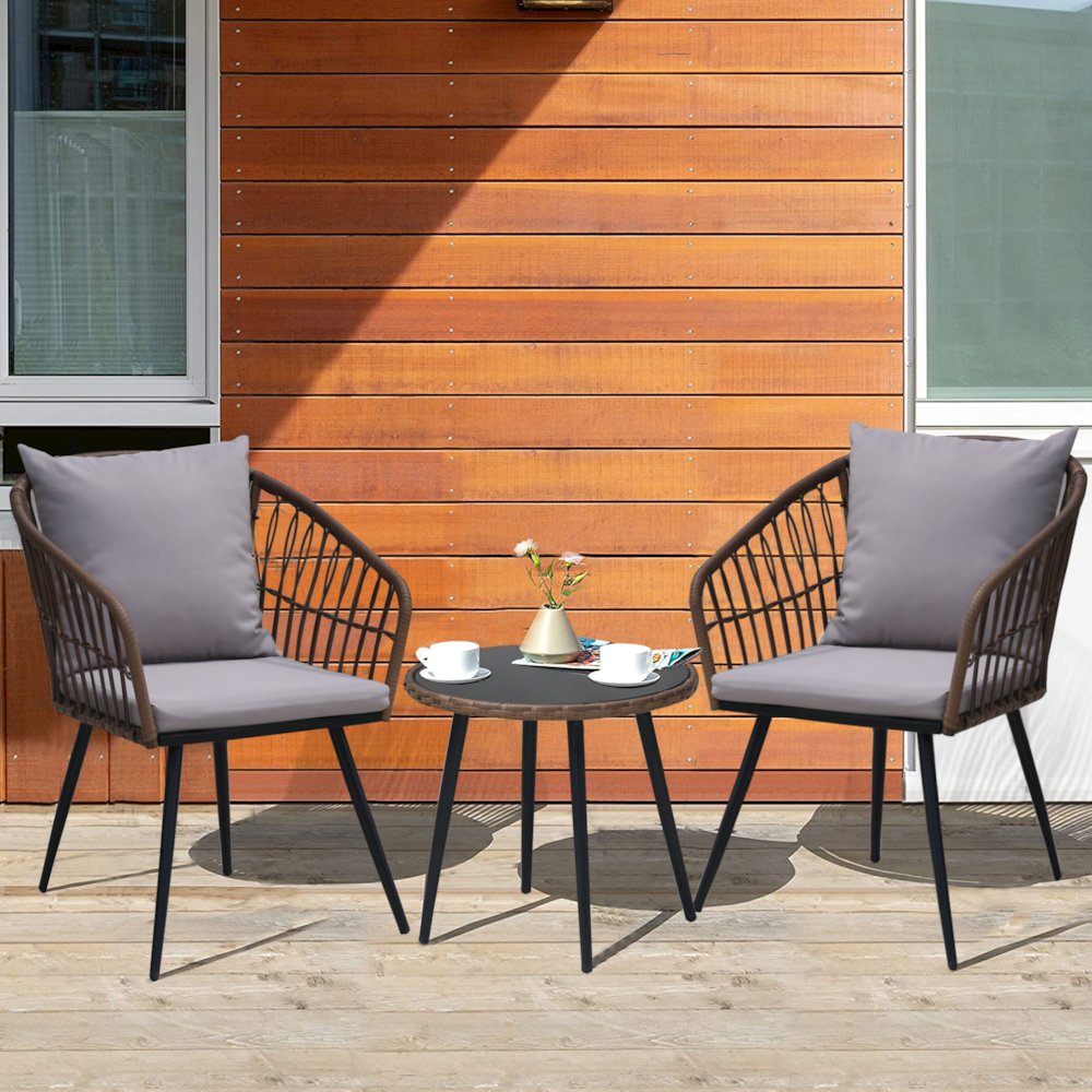 3-Piece Outdoor Patio Bistro Set – Boho Wicker Chairs with Glass-Top Table. Picture 4