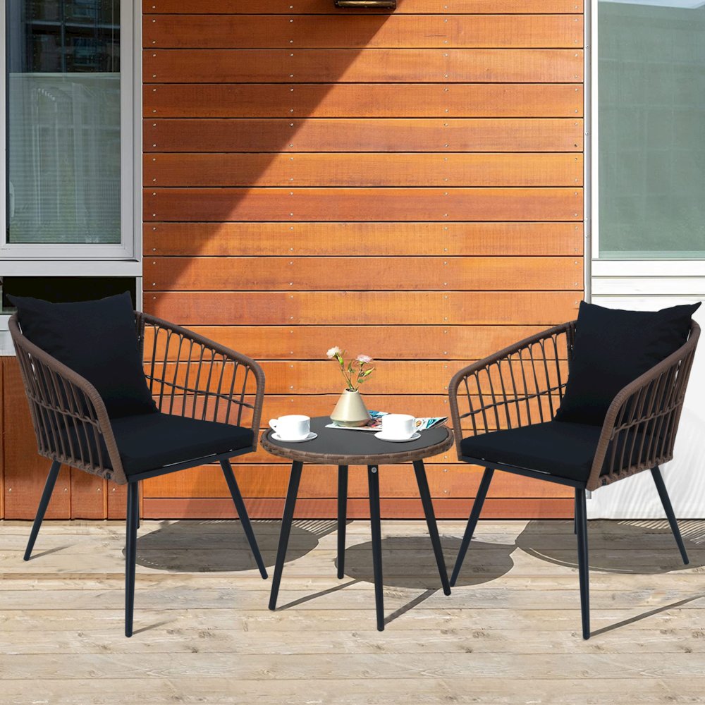 3-Piece Outdoor Patio Bistro Set – Boho Wicker Chairs with Glass-Top Table. Picture 3