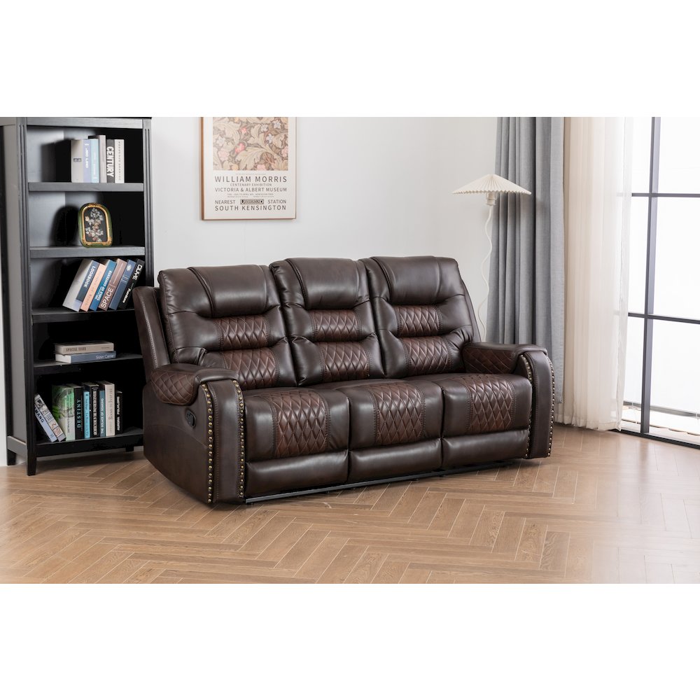 Ilyiano Two Tone Faux Leather Livingroom Reclining Sofa In Brown. Picture 2