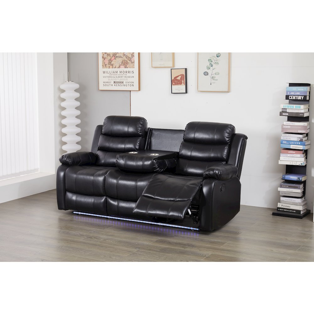 Faux Leather Manual Reclining Sofa with LED Lights With Drop Down Table. Picture 4