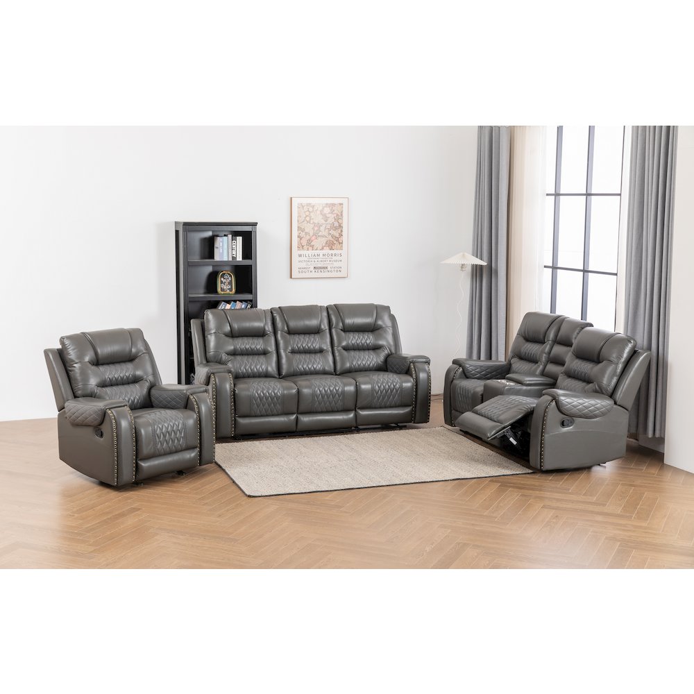 Ilyiano Two Tone Faux Leather 3-PC Livingroom Reclining Set In Gray. Picture 2