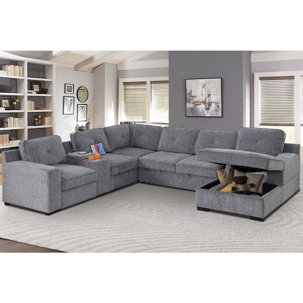U-Shaped Upholstered Sectional with Sleeper Sofa, Console with USB & Chaise. Picture 4