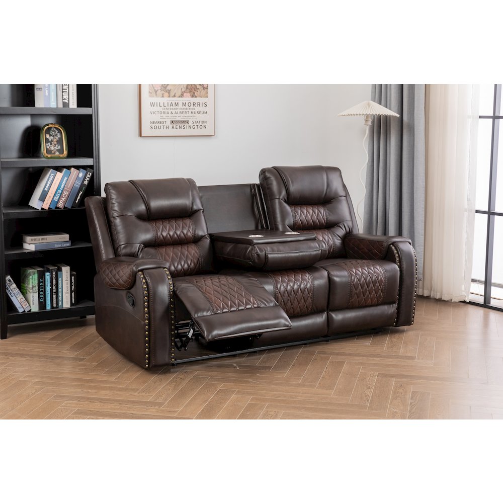 Ilyiano Two Tone Faux Leather Livingroom Reclining Sofa In Brown. Picture 3