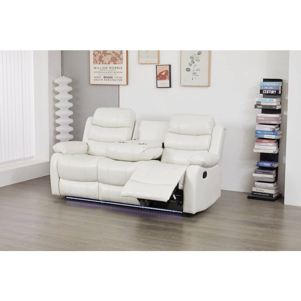 Faux Leather Manual Reclining Sofa with LED Lights With Drop Down Table. Picture 4
