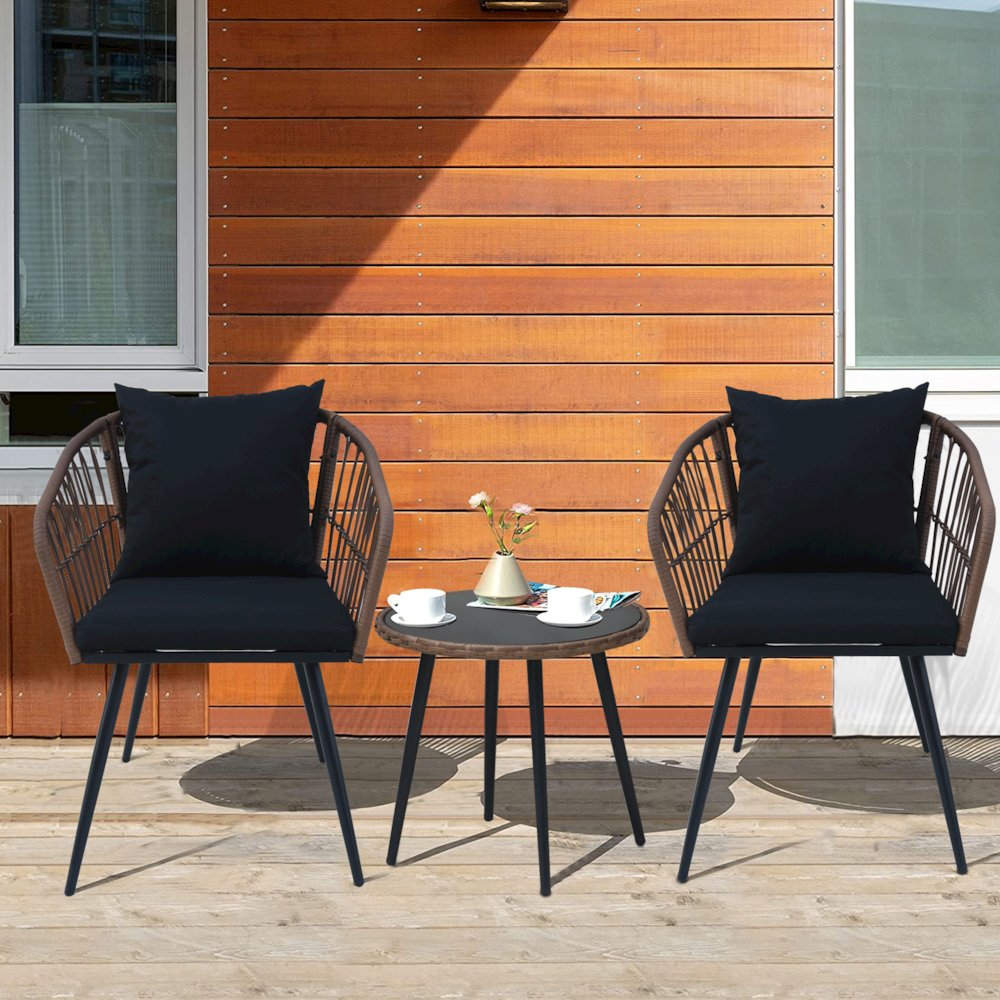 3-Piece Outdoor Patio Bistro Set – Boho Wicker Chairs with Glass-Top Table. Picture 2