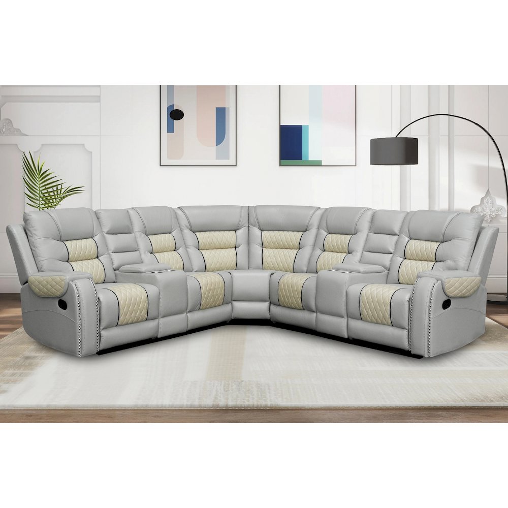 Ilia Two Tone Faux Leather Power Reclining Sectional with Console  & Cup Holder. Picture 2