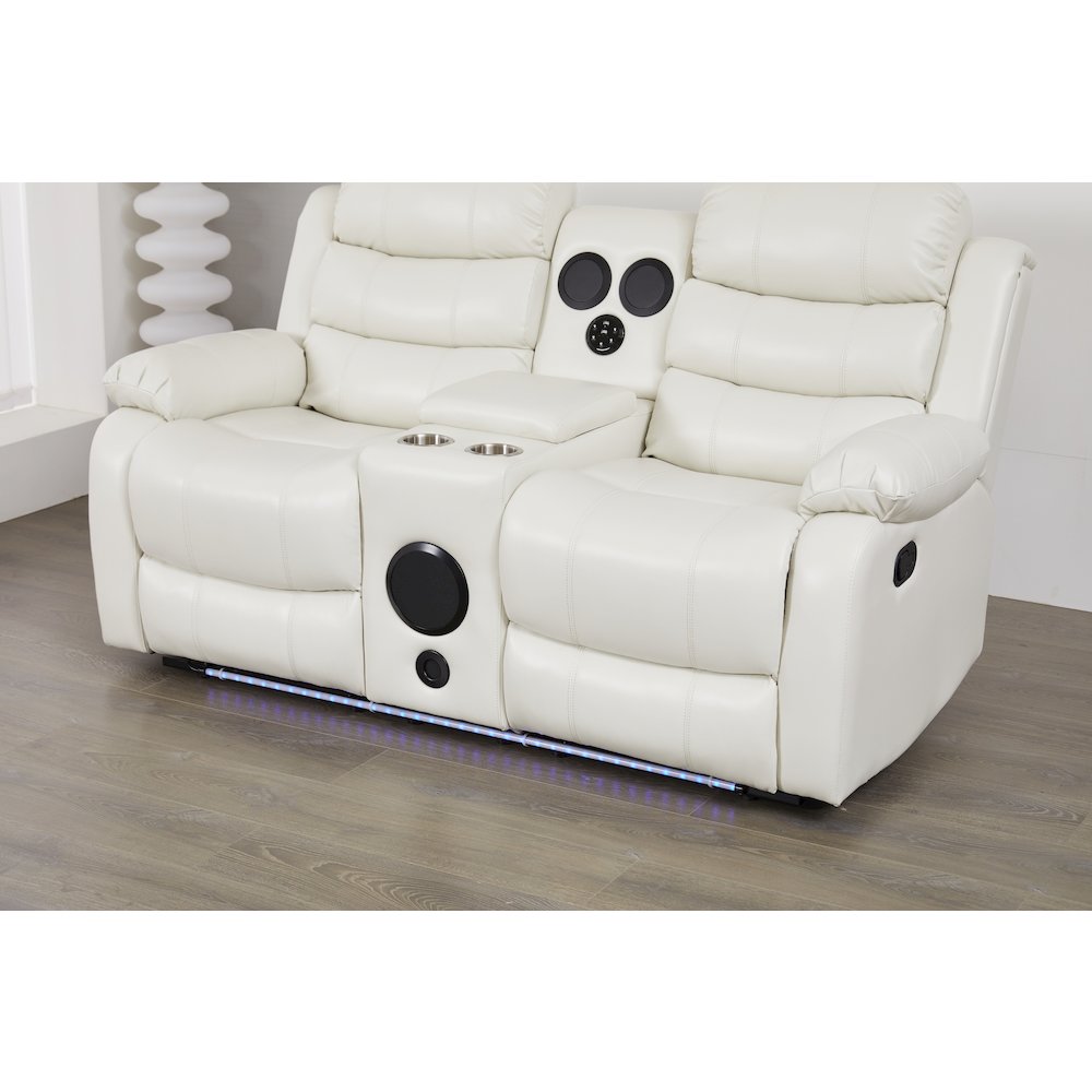 Faux Leather Manual Reclining Loveseat with LED Lights and console. Picture 2