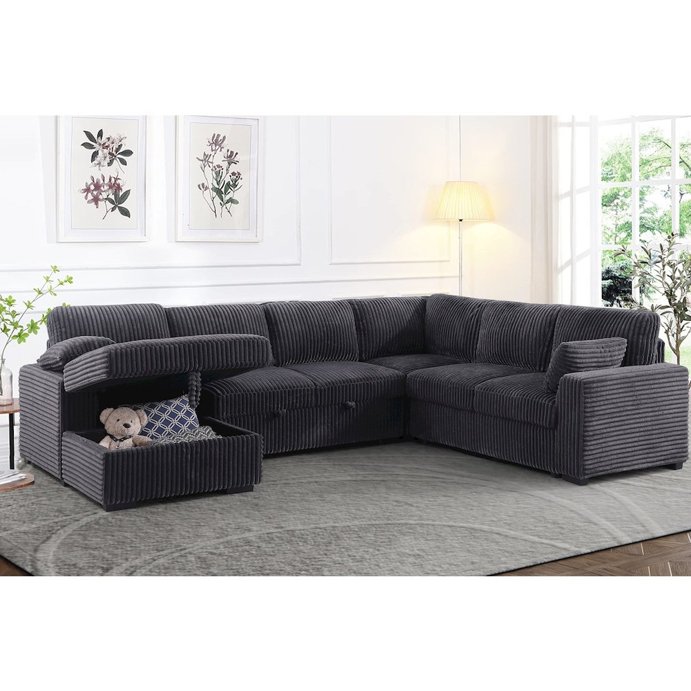 Oversized Upholstered Corduroy Sleeper Sectional Sofa With Storage Chaise. Picture 3