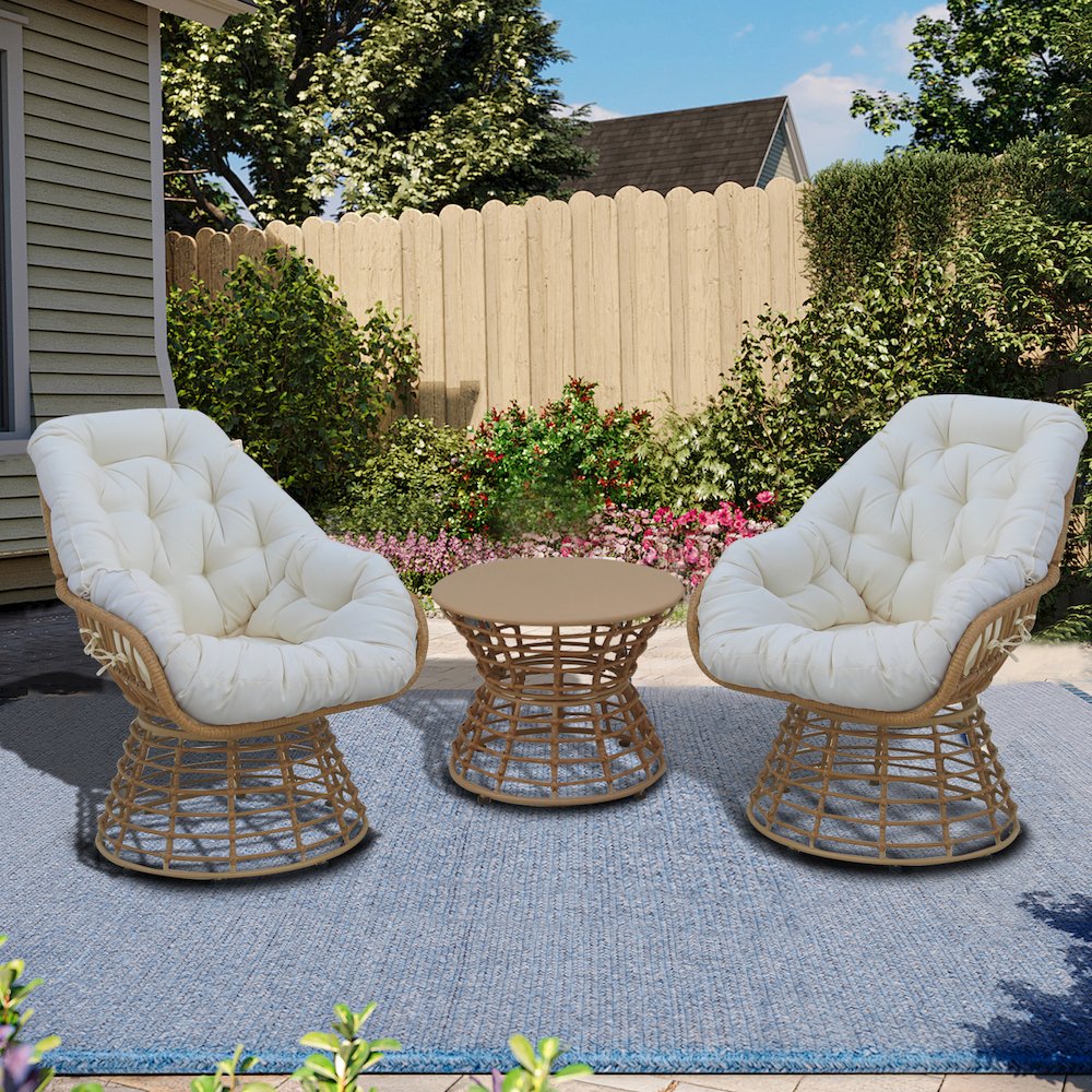 3-Piece Swivel Wicker Patio Conversation Set with Cushions. Picture 1