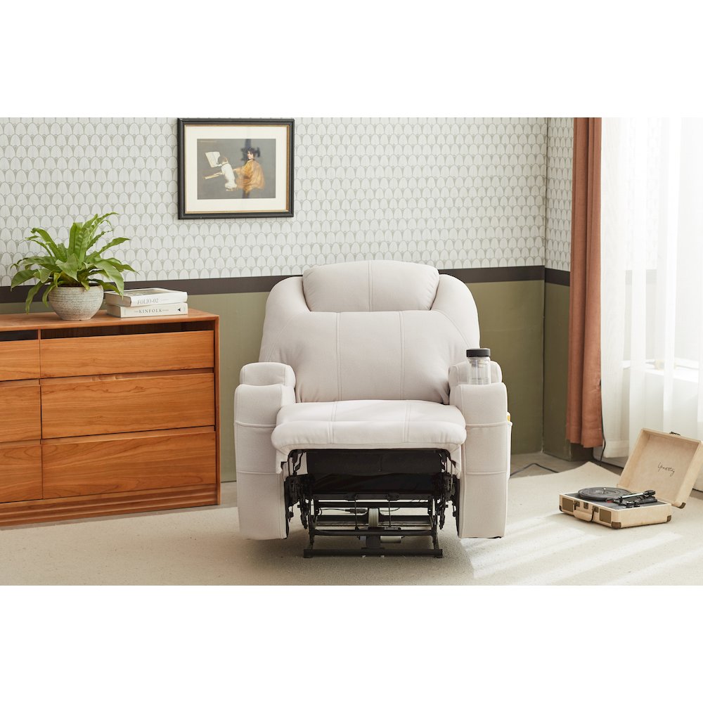 Kingway Arbore Fabric Power Recliner with USB and Cup Holders in Beige. Picture 3