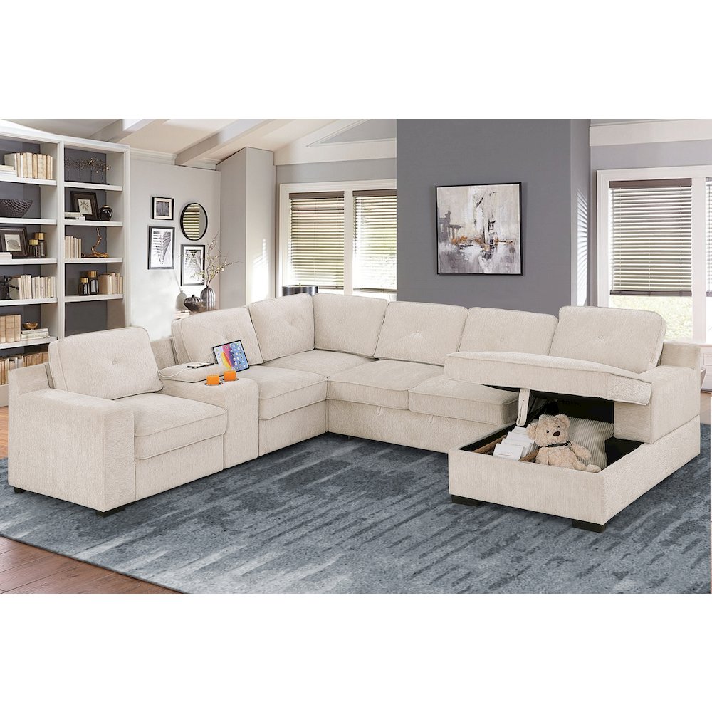 U-Shaped Upholstered Sectional with Sleeper Sofa, Console with USB & Chaise. Picture 4