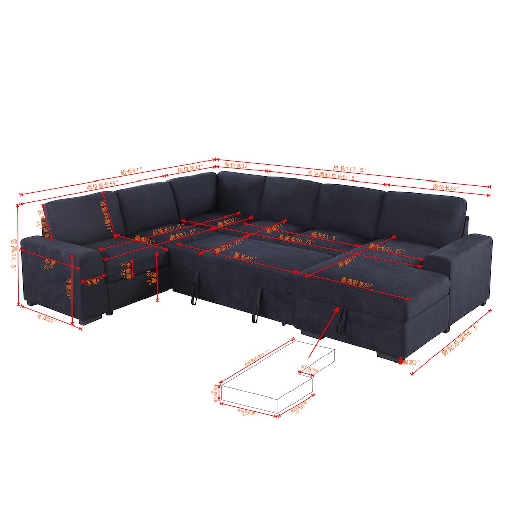 Oversized Upholstered Corduroy Sleeper Sectional Sofa With Storage Chaise. Picture 7